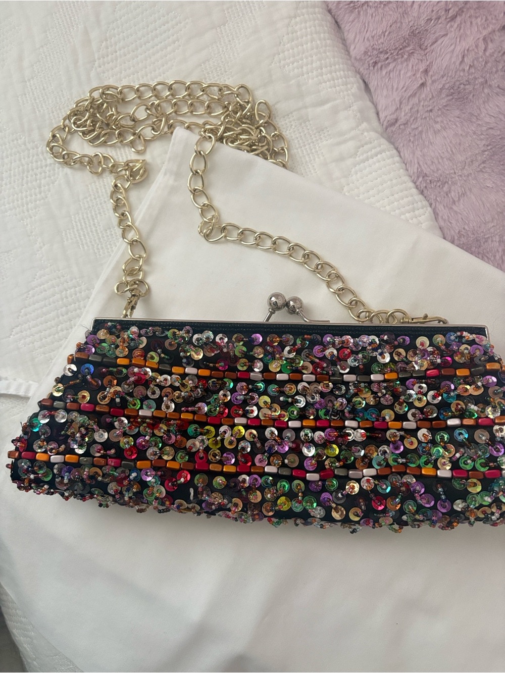 Sequin Multicolor Chain-Handle Evening Clutch